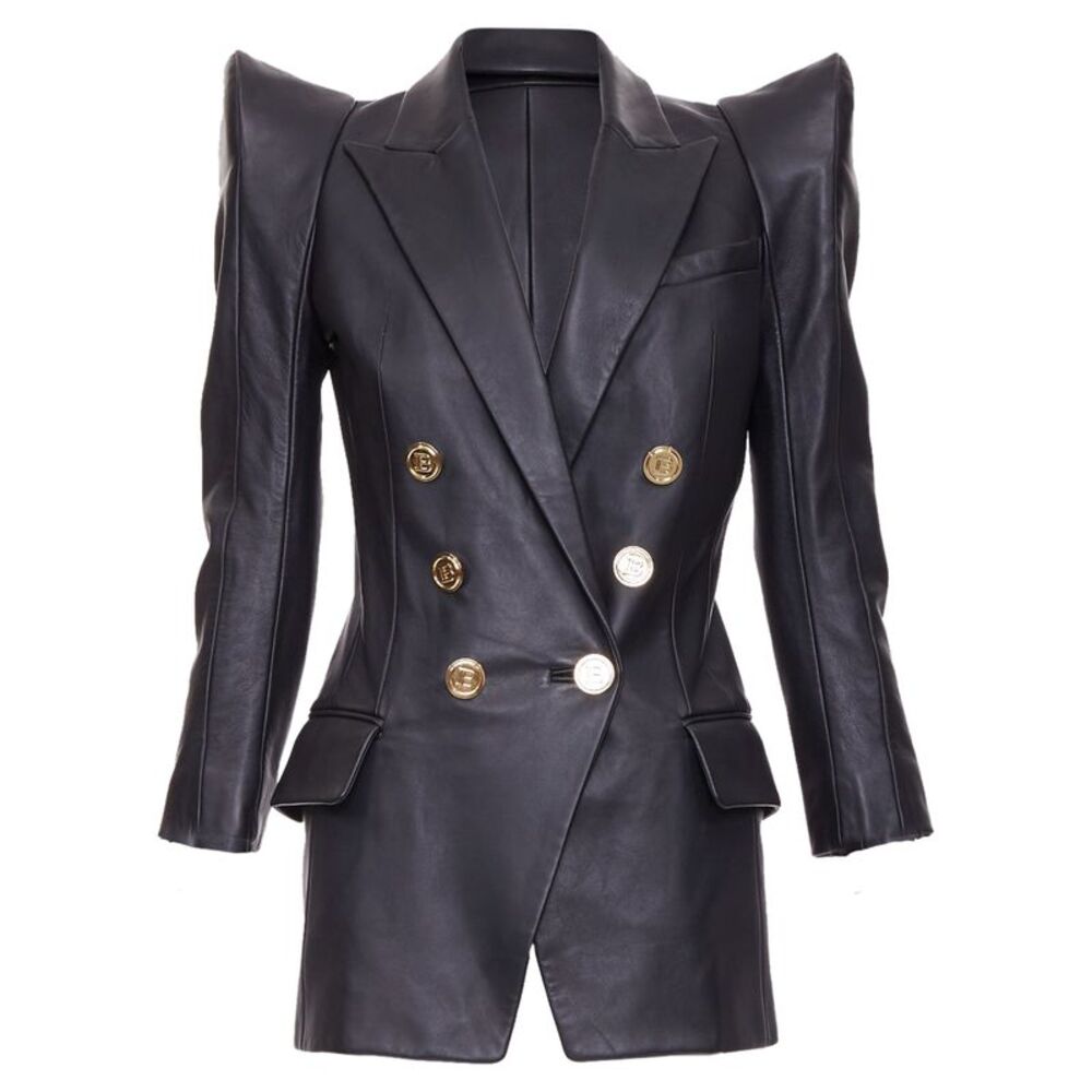 Balmain Black Leather Gold Button Pagoda Jacket